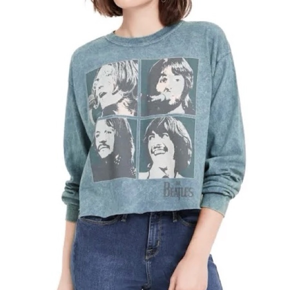 True Vintage The Beatles Graphic Long Sleeve Crop in Teal Acid Wash